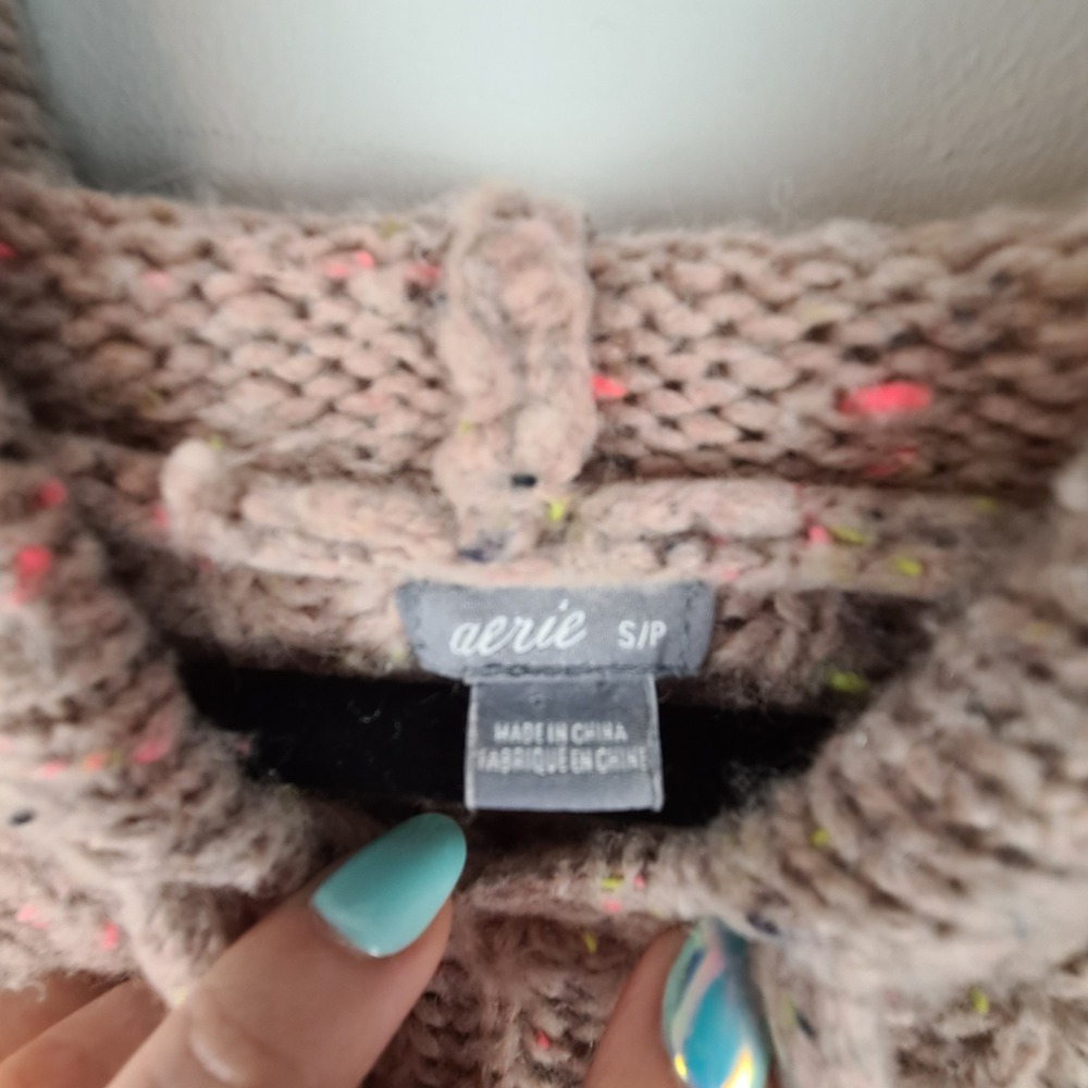 AERIE Womens Open Road Speckled Sweater Hoodie Small Oversized Tan‎ Chunky Knit - Picture 2 of 7